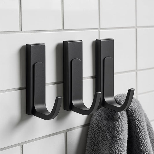 Rymok Heavy Duty Adhesive Hooks - Matte Black Stainless Steel Towel Hooks for Bathroom, Kitchen & Closet - Waterproof & Rustproof - No Drill Installation