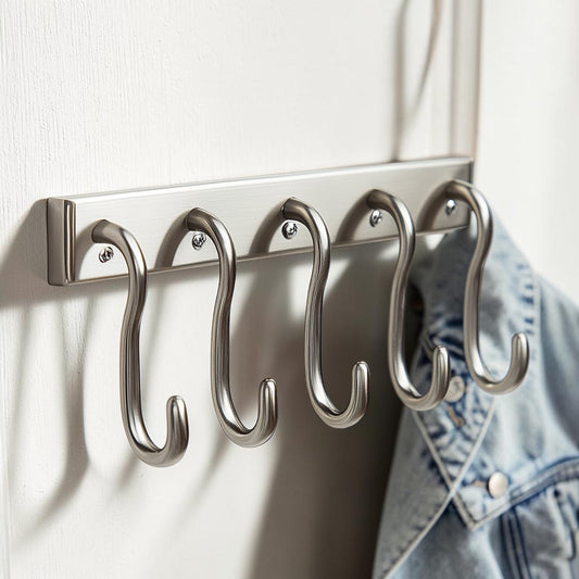 Rymok Over the Door Hook Organizer - Heavy Duty Metal Hanging Rack for Coats, Hats & Bags - Anti-Scratch Padded Back - Fits Standard Doors - Brushed Nickel
